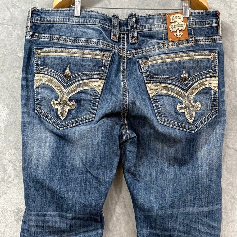 Rock Revival Joel Y2K Jeans Men's 44x28 Distressed Blue Fleur De Lis Embroidered